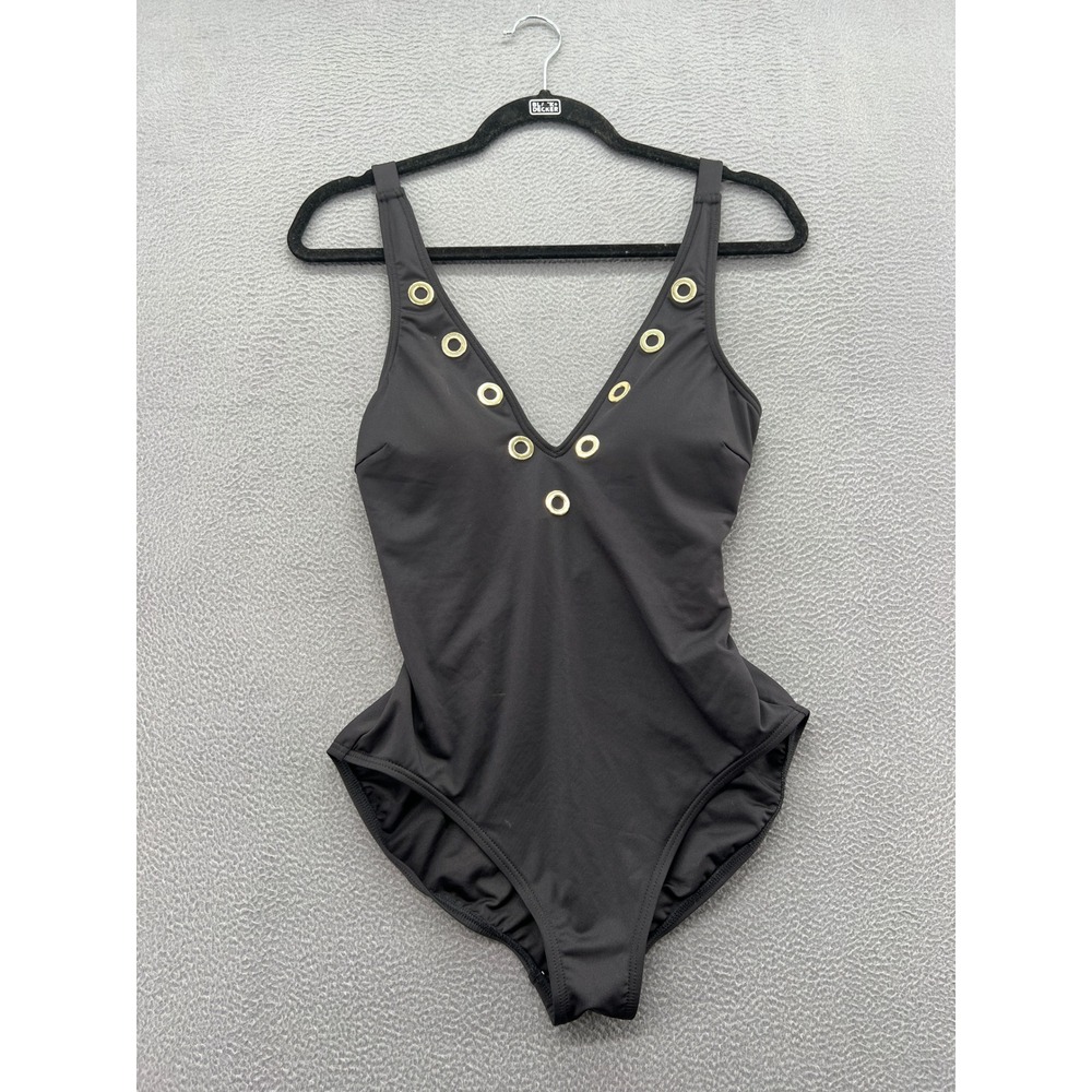 Michael Kors Swimsuit Womens 10 Black Grommet V-Neck One Piece Gold Hardware